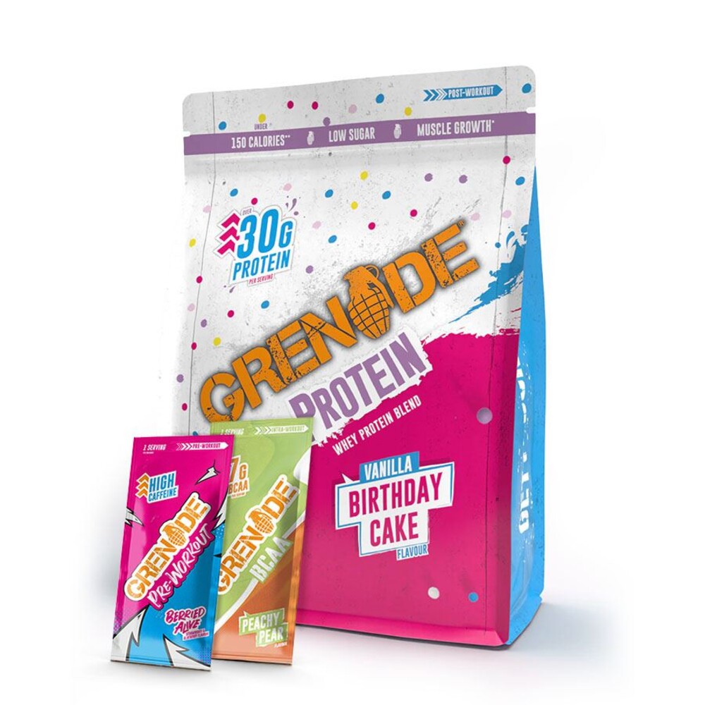 Grenade Whey Protein 2 kg vanilla birthday cake + vzorek Pre-Workout 16,5g a vzorek BCAA 13g zdarma